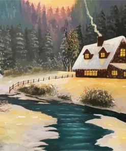 Snowy Lodge Landscape paint by numbers