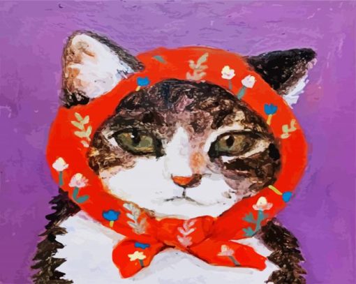 Aesthetic Cute Cat With Red Scarf paint by numbers