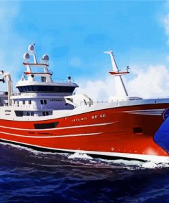 Red Trawler Ship In The Sea paint by numbers