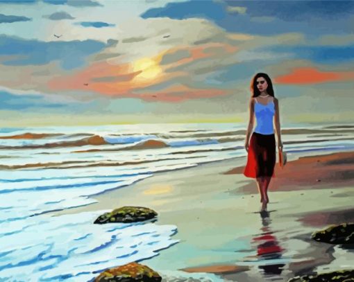 Cute Girl Walking On Beach paint by numbers