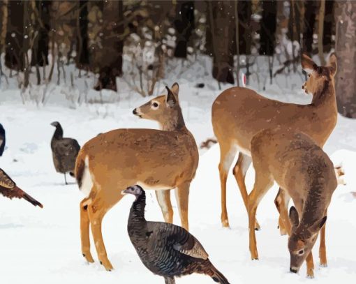 Deers And Turkeys In Snow paint by numbers