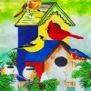 House And Colorful Birds On A Fence paint by numbers