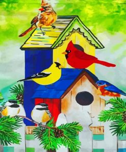 House And Colorful Birds On A Fence paint by numbers