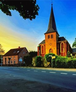 Village Church Sunset paint by numbers