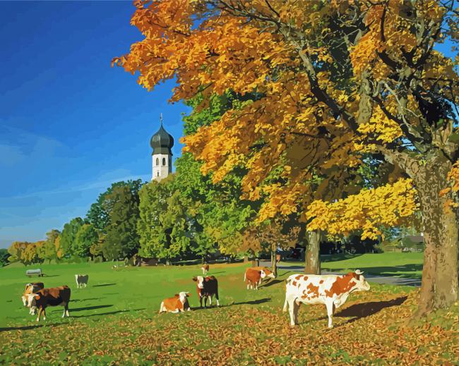 Cows Fall Scene Countryside paint by numbers