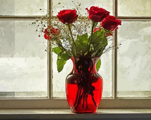 Red Roses Flowers By Window paint by numbers