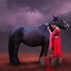 Aesthetic Woman In Red On A Black Horse Paint By Number