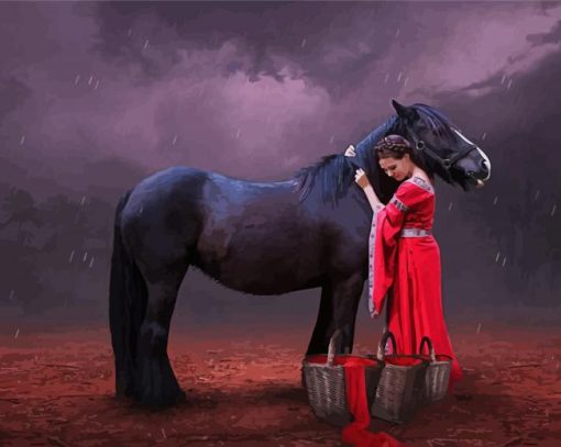 Aesthetic Woman In Red On A Black Horse Paint By Number