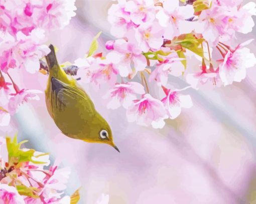Green Bird Blossom Tree Paint By Number